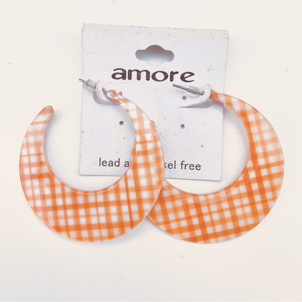 💎ESTATE JEWELRY SALE RETRO VINTAGE AMORE ORANGE PLAID PLASTIC HOOP EARRINGS